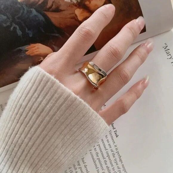 Gorgeous Gold / 925 Sterling Silver  Wide Band Ring Adjustable - Picture 1 of 14